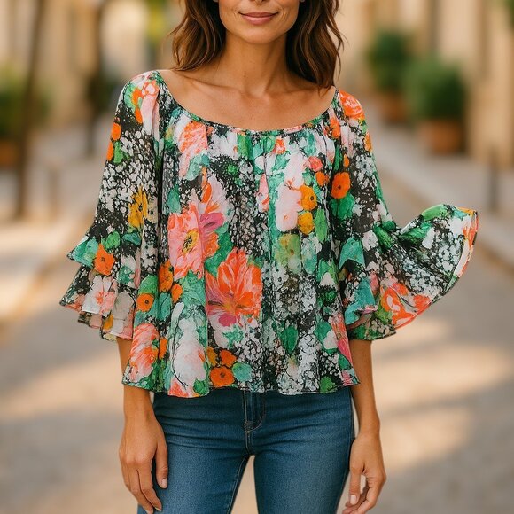 Joseph Ribkoff Sheer Floral Oversize Chiffon 3/4" Bell Cuff Sleeve Blouse Size 8 - Picture 1 of 16